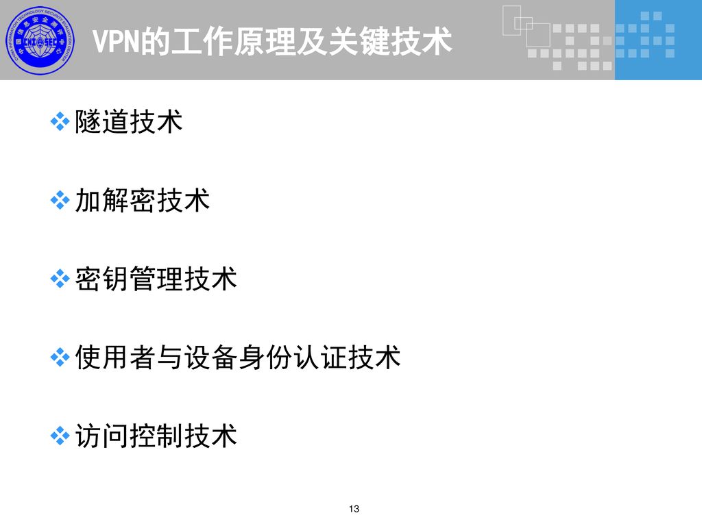 VPN的工作原理及关键技术 隧道技术 加解密技术 密钥管理技术 使用者与设备身份认证技术 访问控制技术 13