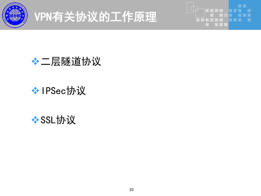 VPN有关协议的工作原理 二层隧道协议 IPSec协议 SSL协议 23