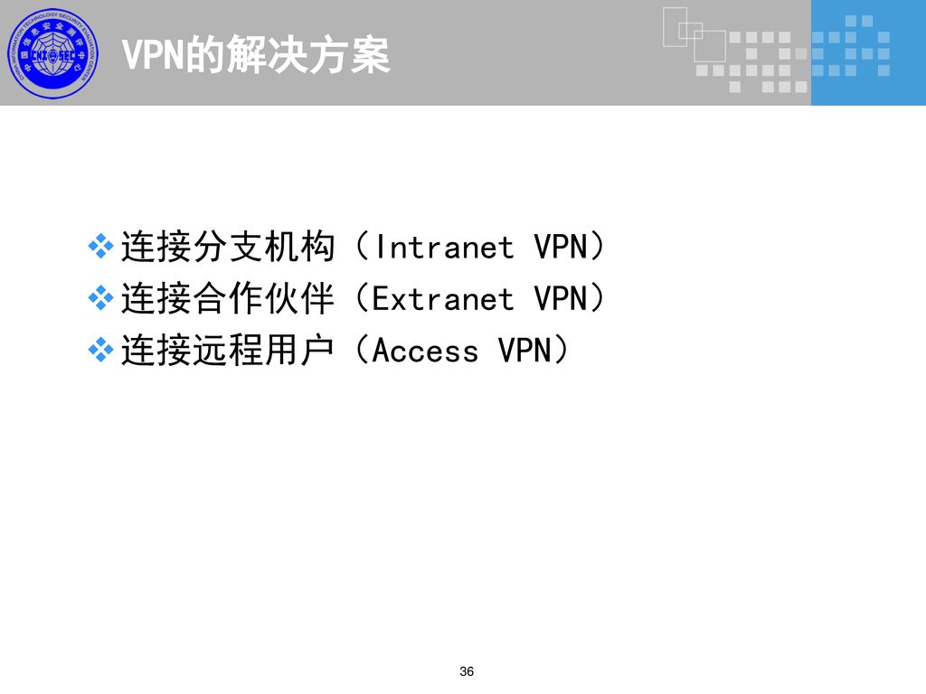 VPN的解决方案 连接分支机构（Intranet VPN） 连接合作伙伴（Extranet VPN） 连接远程用户（Access VPN）
