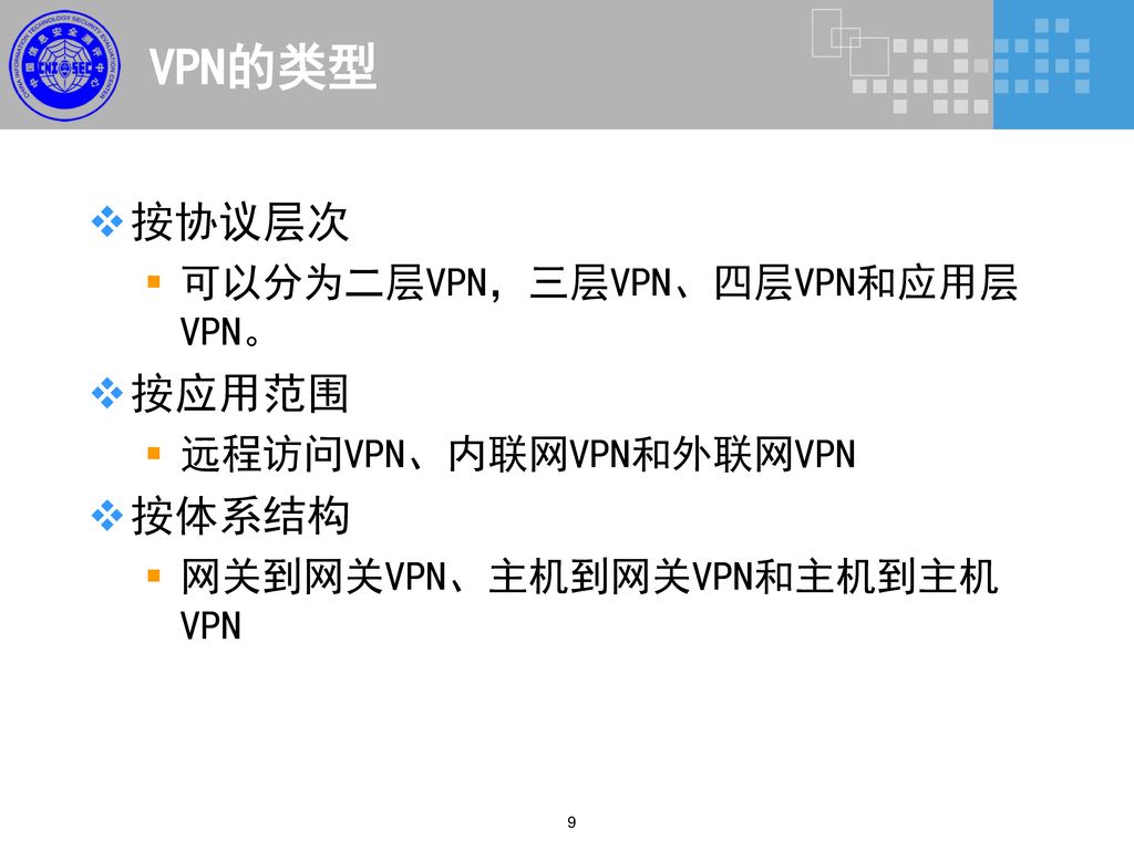 VPN的类型 按协议层次 按应用范围 按体系结构 可以分为二层VPN，三层VPN、四层VPN和应用层VPN。