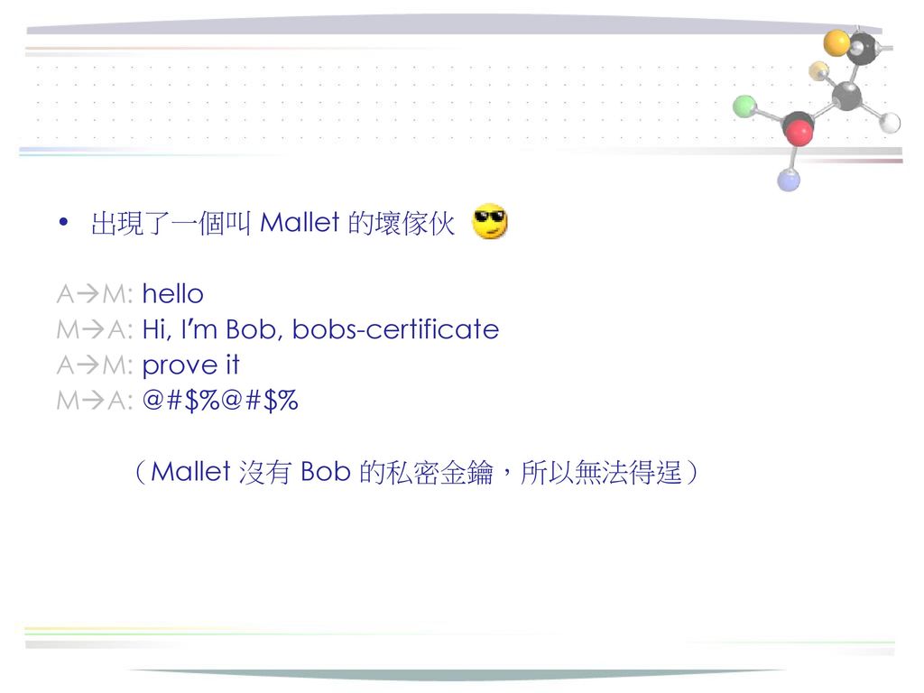出現了一個叫 Mallet 的壞傢伙 AM: hello. MA: Hi, I’m Bob, bobs-certificate.