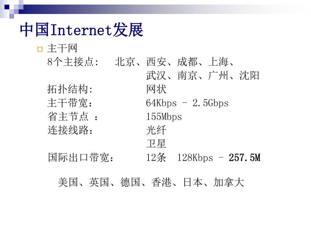 中国Internet发展 主干网 8个主接点: 北京、西安、成都、上海、 武汉、南京、广州、沈阳 拓扑结构: 网状