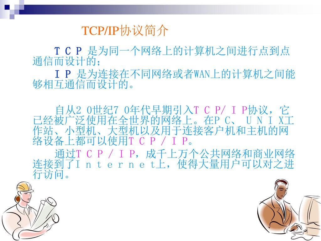 TCP/IP协议简介 T C P 是为同一个网络上的计算机之间进行点到点通信而设计的；