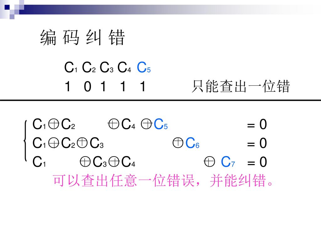编 码 纠 错 C1 C2 C3 C4 C 只能查出一位错 C1○C2 ○C4 ○C5 = 0