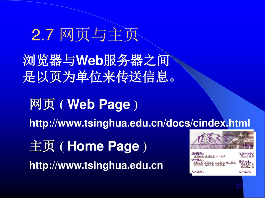 2.7 网页与主页 浏览器与Web服务器之间 是以页为单位来传送信息。 网页 ( Web Page ) 主页 ( Home Page )