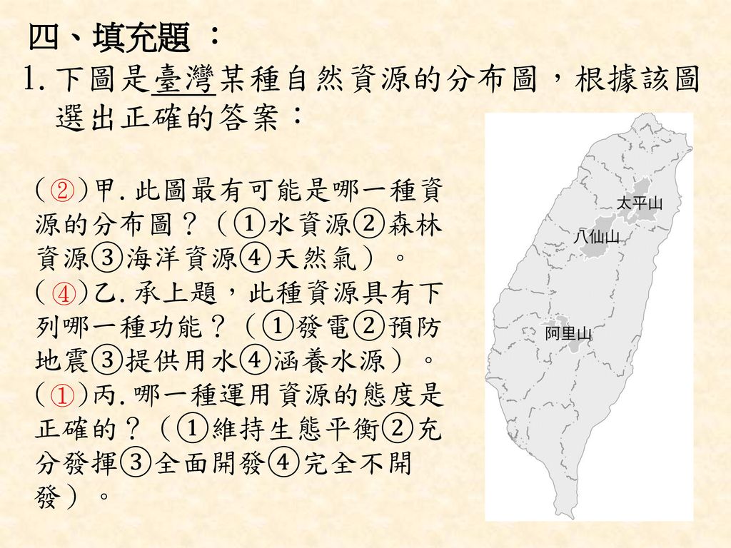 1.下圖是臺灣某種自然資源的分布圖，根據該圖 選出正確的答案：