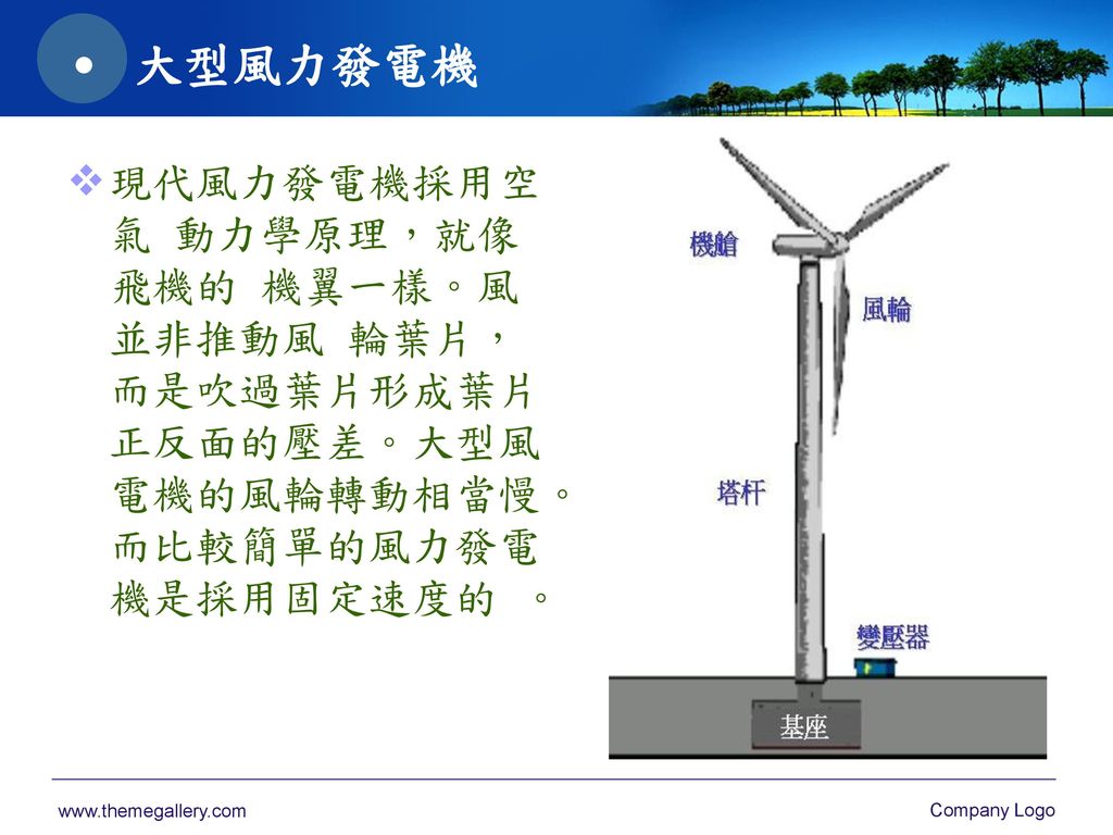 ˙ 大型風力發電機 現代風力發電機採用空氣 動力學原理，就像飛機的 機翼一樣。風並非推動風 輪葉片，而是吹過葉片形成葉片正反面的壓差。大型風電機的風輪轉動相當慢。而比較簡單的風力發電機是採用固定速度的 。