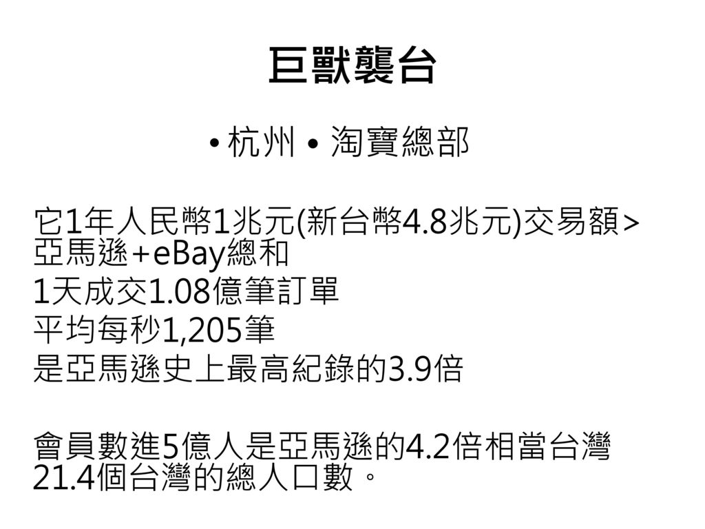 巨獸襲台 杭州 • 淘寶總部 它1年人民幣1兆元(新台幣4.8兆元)交易額>亞馬遜+eBay總和 1天成交1.08億筆訂單