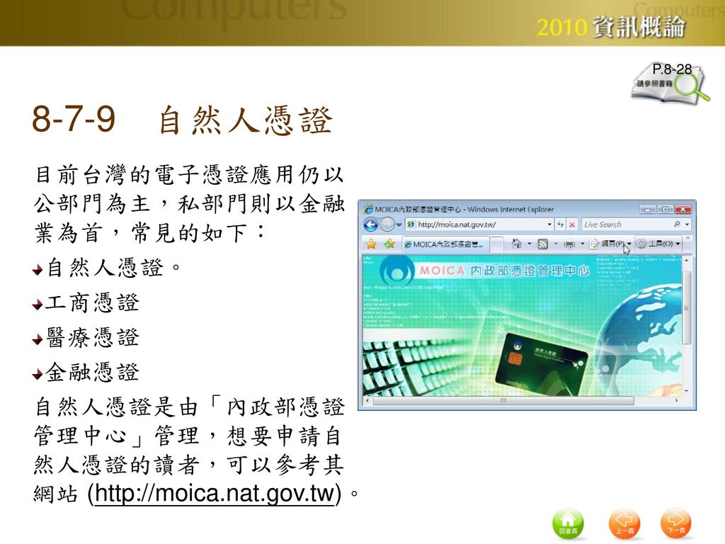 8-7-9 自然人憑證 目前台灣的電子憑證應用仍以公部門為主，私部門則以金融業為首，常見的如下： 自然人憑證。 工商憑證 醫療憑證 金融憑證