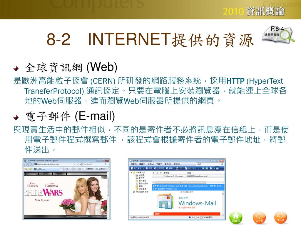 8-2 INTERNET提供的資源 全球資訊網 (Web) 電子郵件 ( )