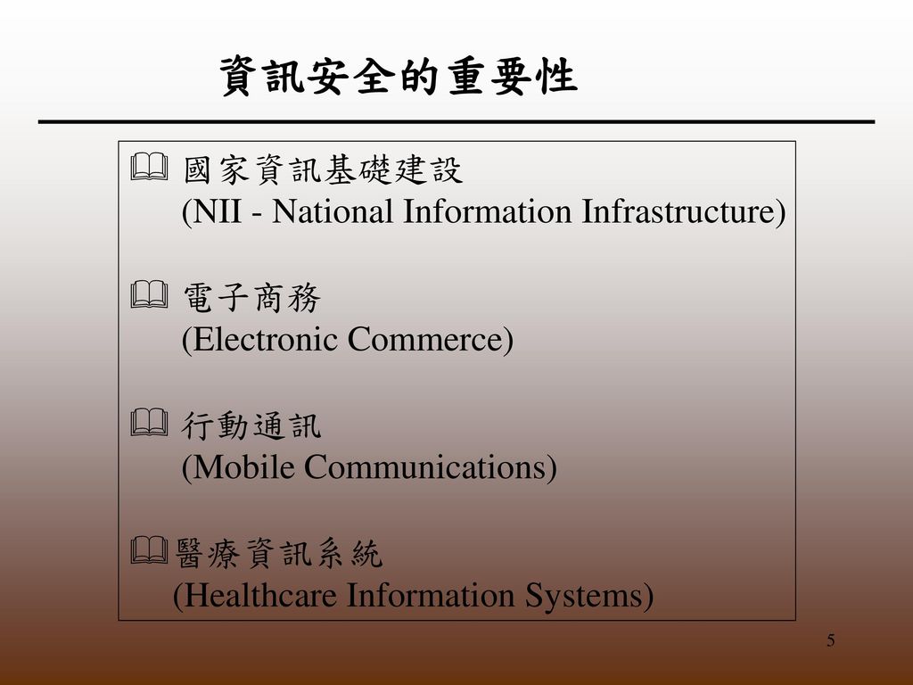 資訊安全的重要性  國家資訊基礎建設 (NII - National Information Infrastructure)  電子商務