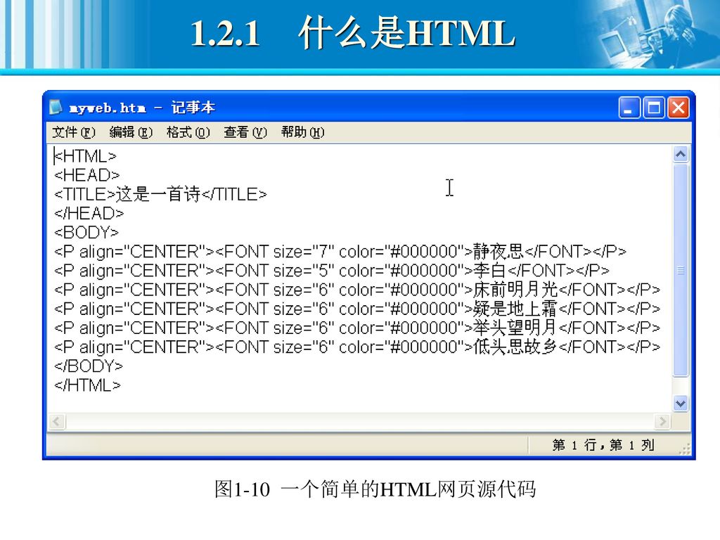 1.2.1 什么是HTML 图1-10 一个简单的HTML网页源代码