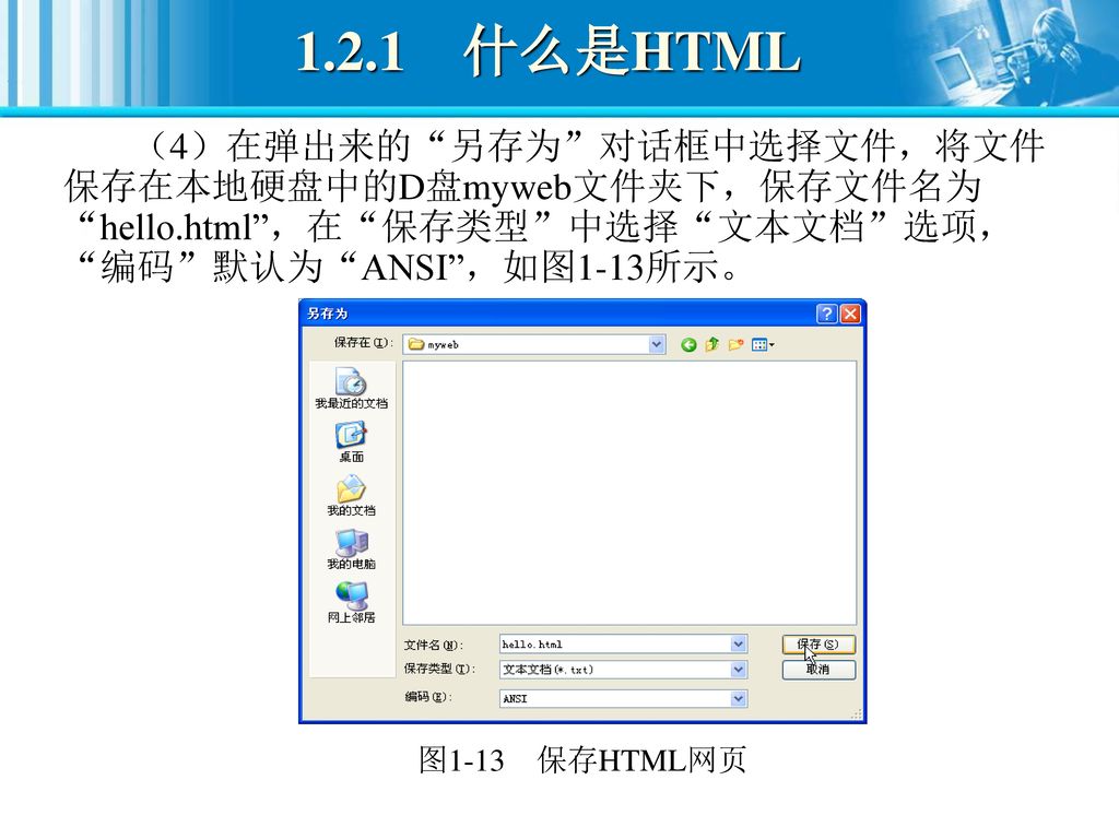 1.2.1 什么是HTML （4）在弹出来的 另存为 对话框中选择文件，将文件保存在本地硬盘中的D盘myweb文件夹下，保存文件名为 hello.html ，在 保存类型 中选择 文本文档 选项， 编码 默认为 ANSI ，如图1-13所示。