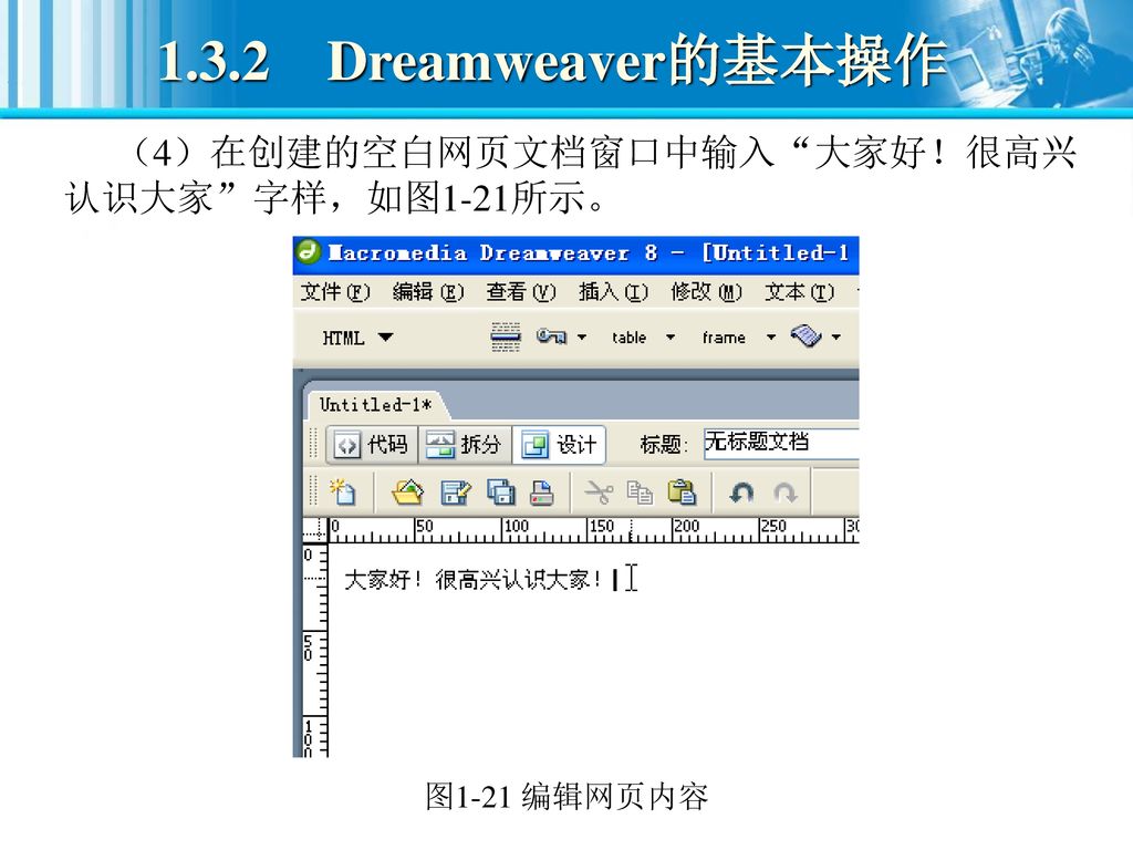 1.3.2 Dreamweaver的基本操作 （4）在创建的空白网页文档窗口中输入 大家好！很高兴认识大家 字样，如图1-21所示。