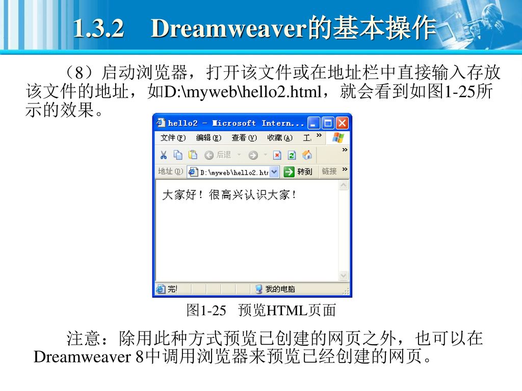 1.3.2 Dreamweaver的基本操作 （8）启动浏览器，打开该文件或在地址栏中直接输入存放该文件的地址，如D:\myweb\hello2.html，就会看到如图1-25所示的效果。 图1-25 预览HTML页面.