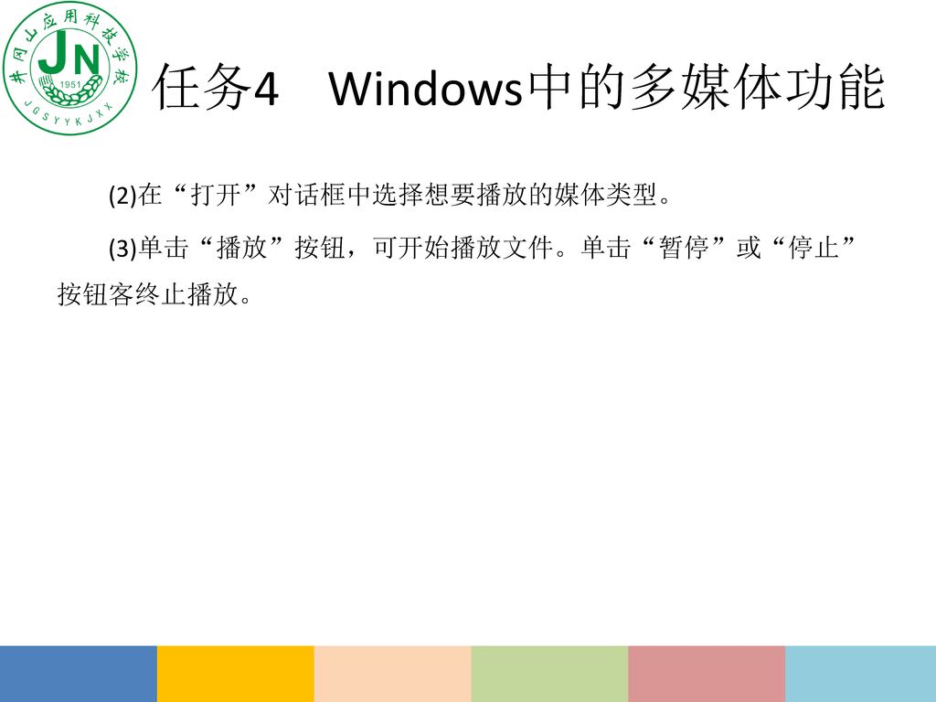 任务4 Windows中的多媒体功能 (2)在 打开 对话框中选择想要播放的媒体类型。 (3)单击 播放 按钮，可开始播放文件。单击 暂停 或 停止 按钮客终止播放。