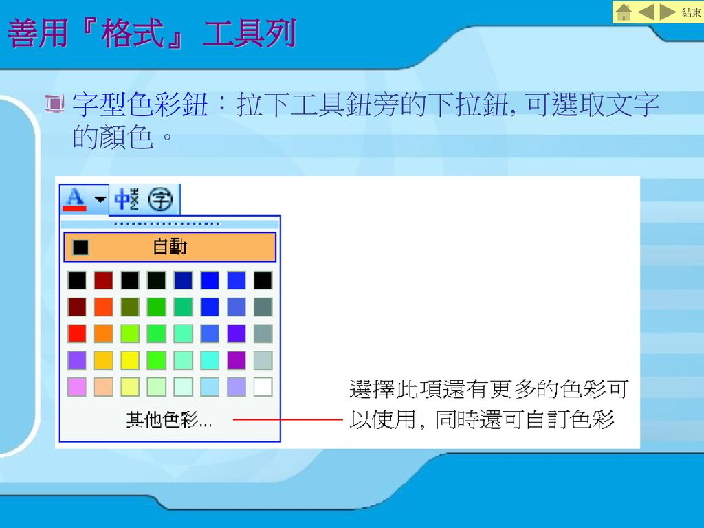 善用『格式』 工具列 字型色彩鈕：拉下工具鈕旁的下拉鈕, 可選取文字的顏色。