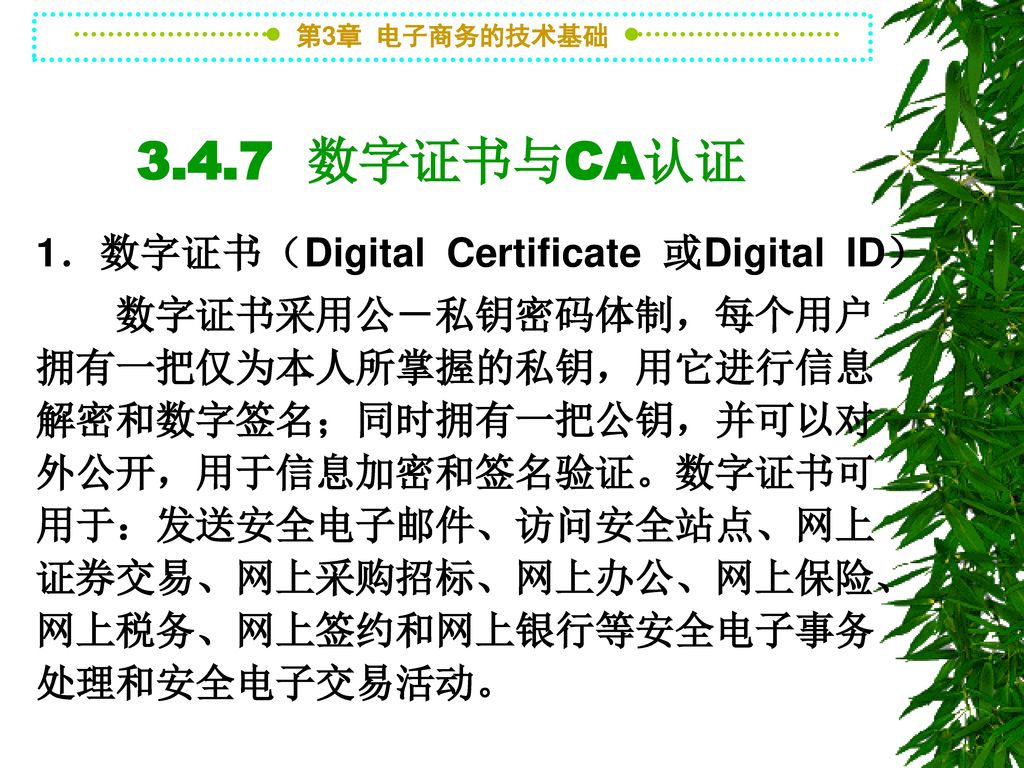 3.4.7 数字证书与CA认证 1．数字证书（Digital Certificate 或Digital ID）
