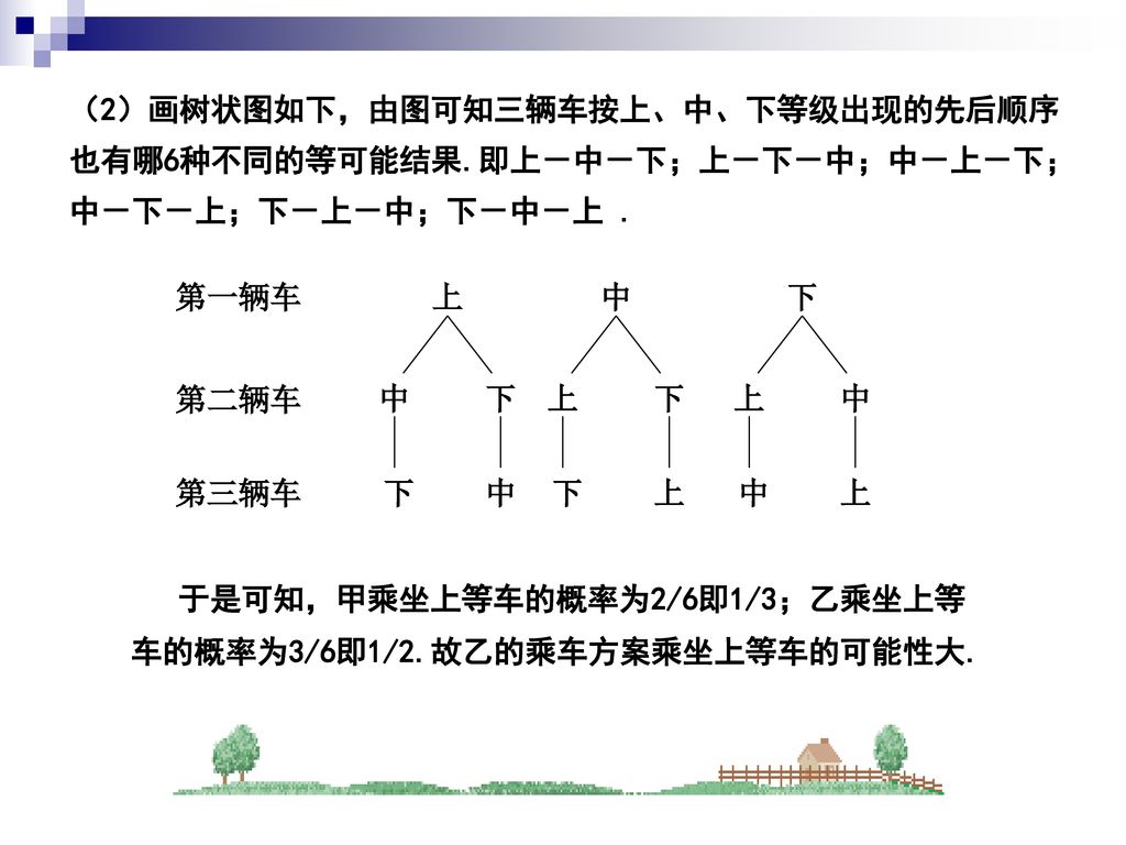 （2）画树状图如下，由图可知三辆车按上、中、下等级出现的先后顺序也有哪6种不同的等可能结果