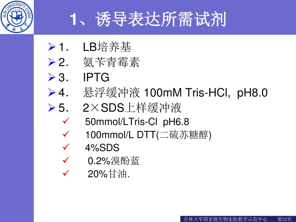 1、诱导表达所需试剂 1． LB培养基 2． 氨苄青霉素 3． IPTG 4． 悬浮缓冲液 100mM Tris-HCl, pH8.0