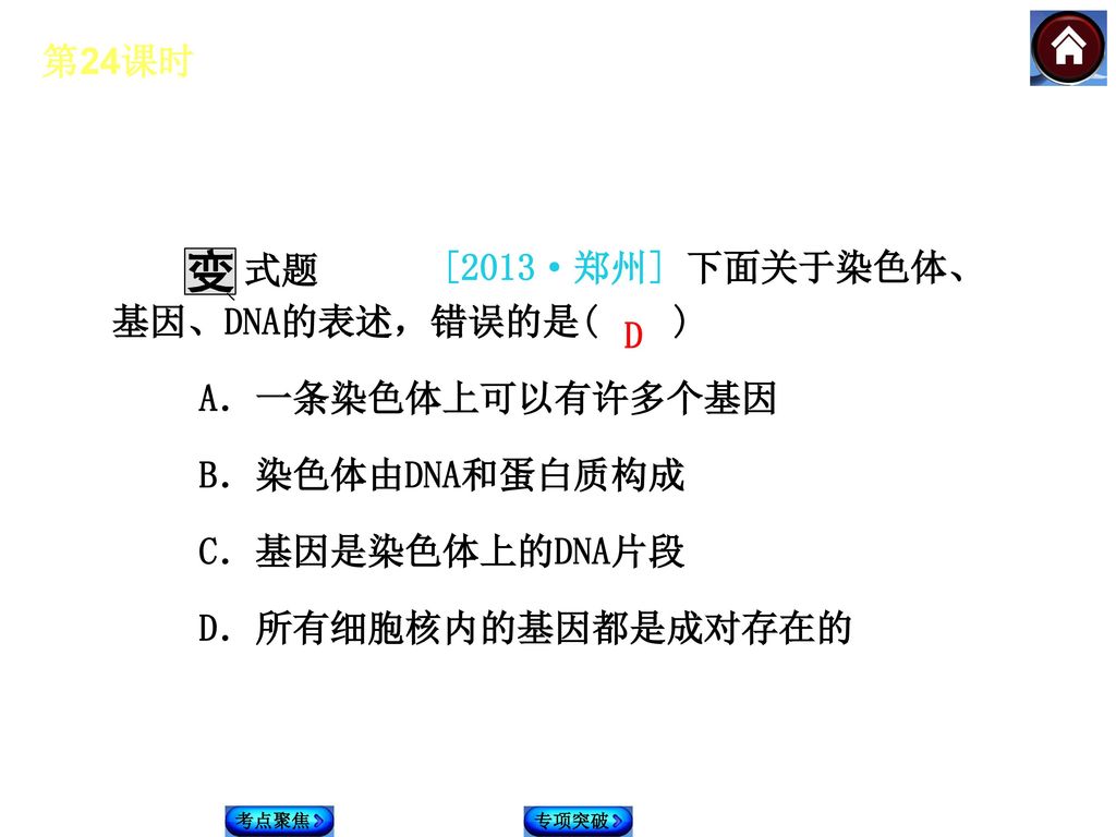 [2013·郑州] 下面关于染色体、基因、DNA的表述，错误的是( ) A．一条染色体上可以有许多个基因 B．染色体由DNA和蛋白质构成