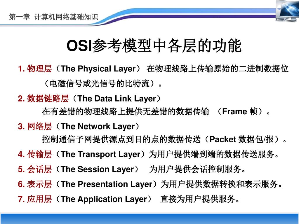 OSI参考模型中各层的功能 1. 物理层（The Physical Layer） 在物理线路上传输原始的二进制数据位