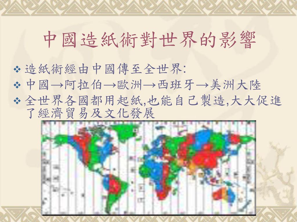 中國造紙術對世界的影響 造紙術經由中國傳至全世界: 中國→阿拉伯→歐洲→西班牙→美洲大陸