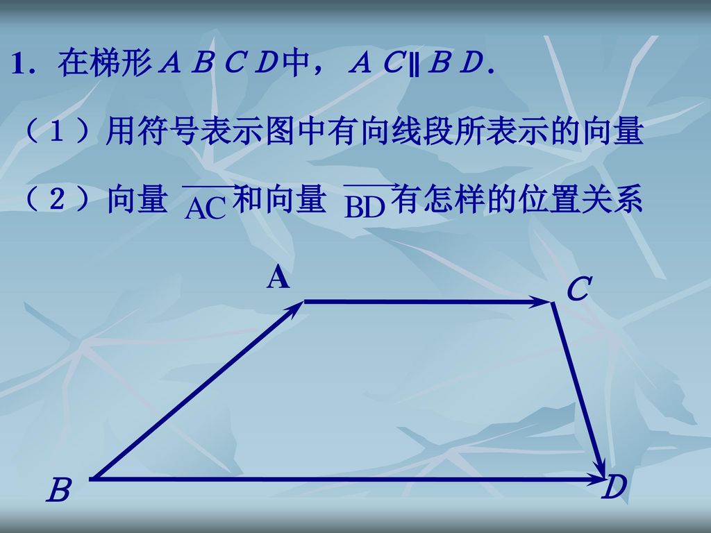 1．在梯形ＡＢＣＤ中，ＡＣ∥ＢＤ． （１）用符号表示图中有向线段所表示的向量 （２）向量 和向量 有怎样的位置关系 A Ｃ Ｂ Ｄ