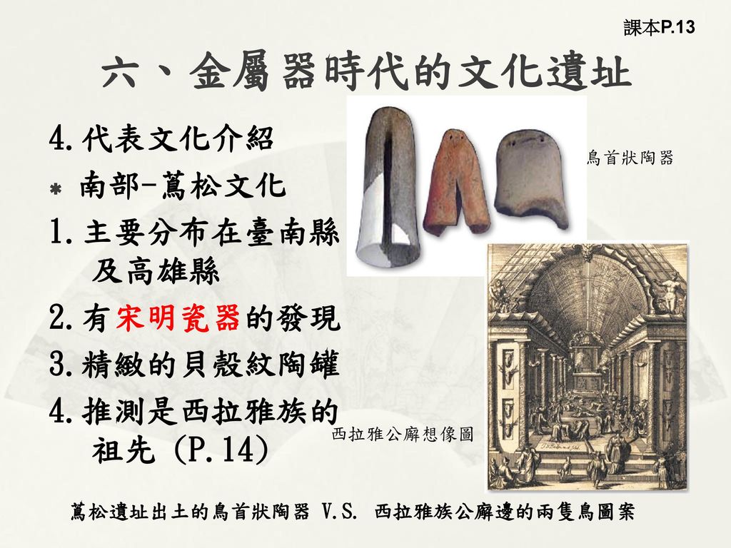 六、金屬器時代的文化遺址 4.代表文化介紹 南部-蔦松文化 1.主要分布在臺南縣及高雄縣 2.有宋明瓷器的發現 3.精緻的貝殼紋陶罐