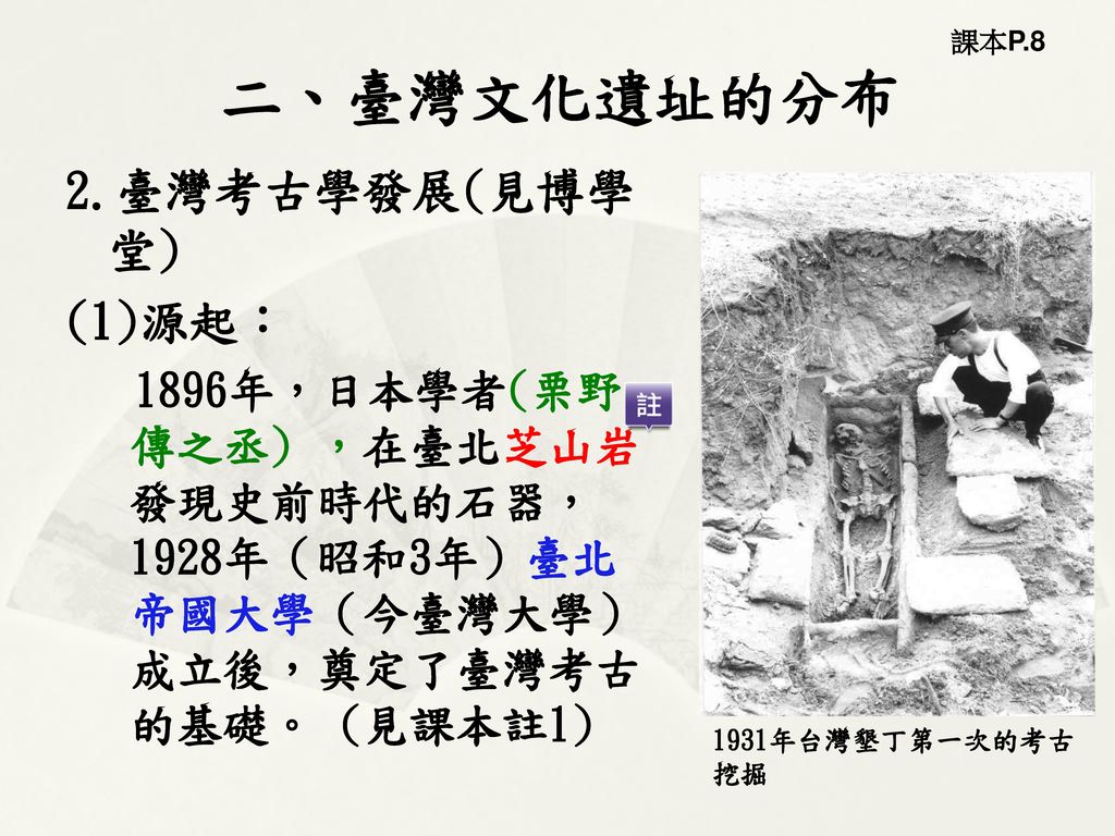 二、臺灣文化遺址的分布 2.臺灣考古學發展(見博學堂) (1)源起︰