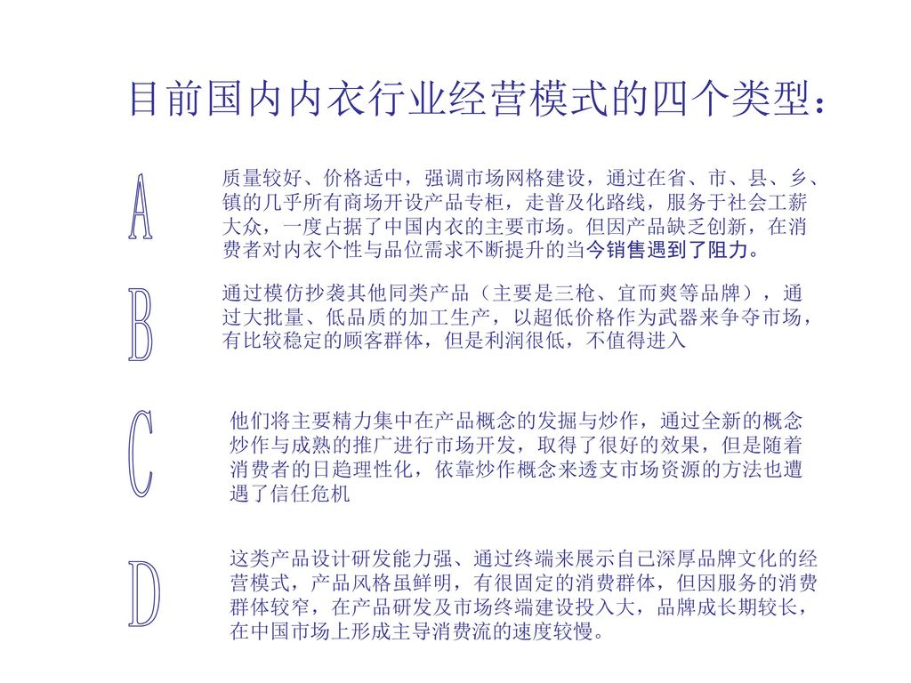 A B C D 目前国内内衣行业经营模式的四个类型：