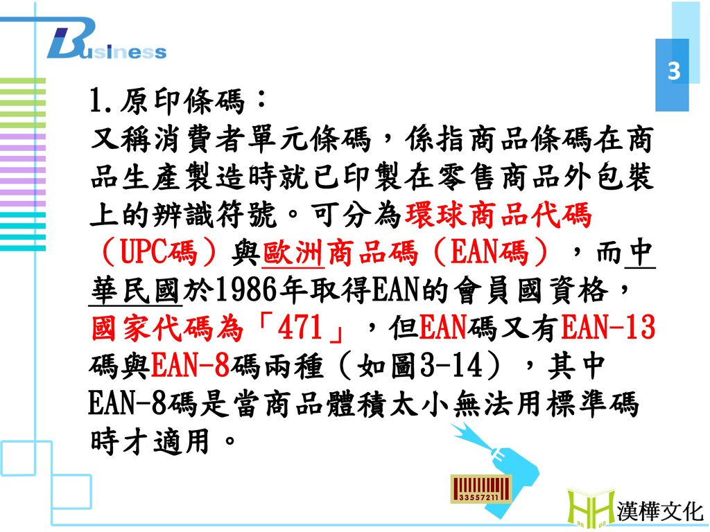 1.原印條碼： 又稱消費者單元條碼，係指商品條碼在商品生產製造時就已印製在零售商品外包裝上的辨識符號。可分為環球商品代碼（UPC碼）與歐洲商品碼（EAN碼），而中華民國於1986年取得EAN的會員國資格，國家代碼為「471」，但EAN碼又有EAN-13碼與EAN-8碼兩種（如圖3-14），其中EAN-8碼是當商品體積太小無法用標準碼時才適用。