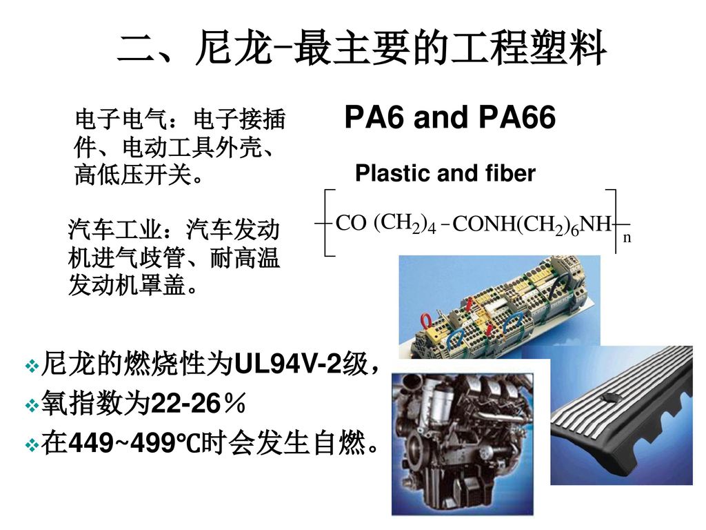 二、尼龙-最主要的工程塑料 PA6 and PA66 尼龙的燃烧性为UL94V-2级， 氧指数为22-26％