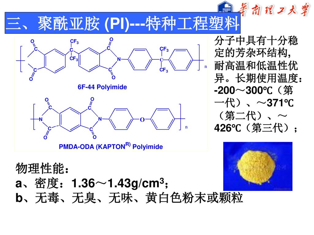 三、聚酰亚胺 (PI)---特种工程塑料 物理性能： a、密度：1.36～1.43g/cm3； b、无毒、无臭、无味、黄白色粉末或颗粒