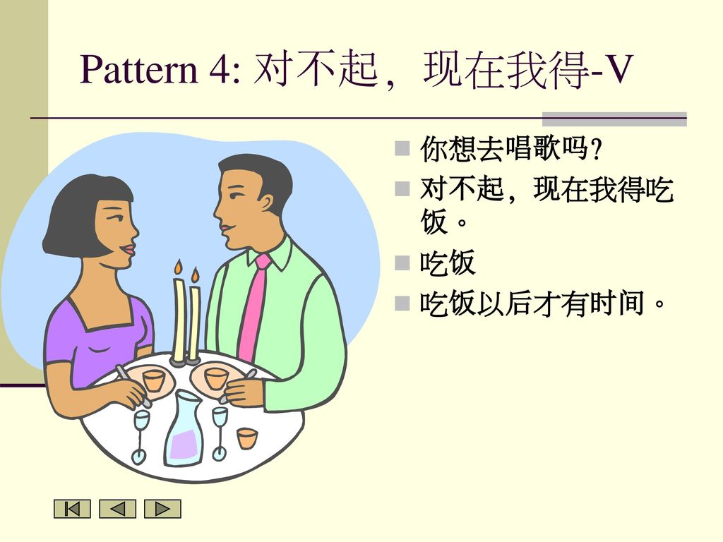 Pattern 4: 对不起, 现在我得-V 你想去唱歌吗 对不起, 现在我得吃饭。 吃饭 吃饭以后才有时间。