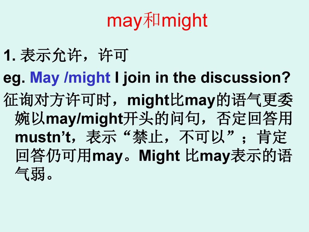 may和might 1. 表示允许，许可 eg. May /might I join in the discussion