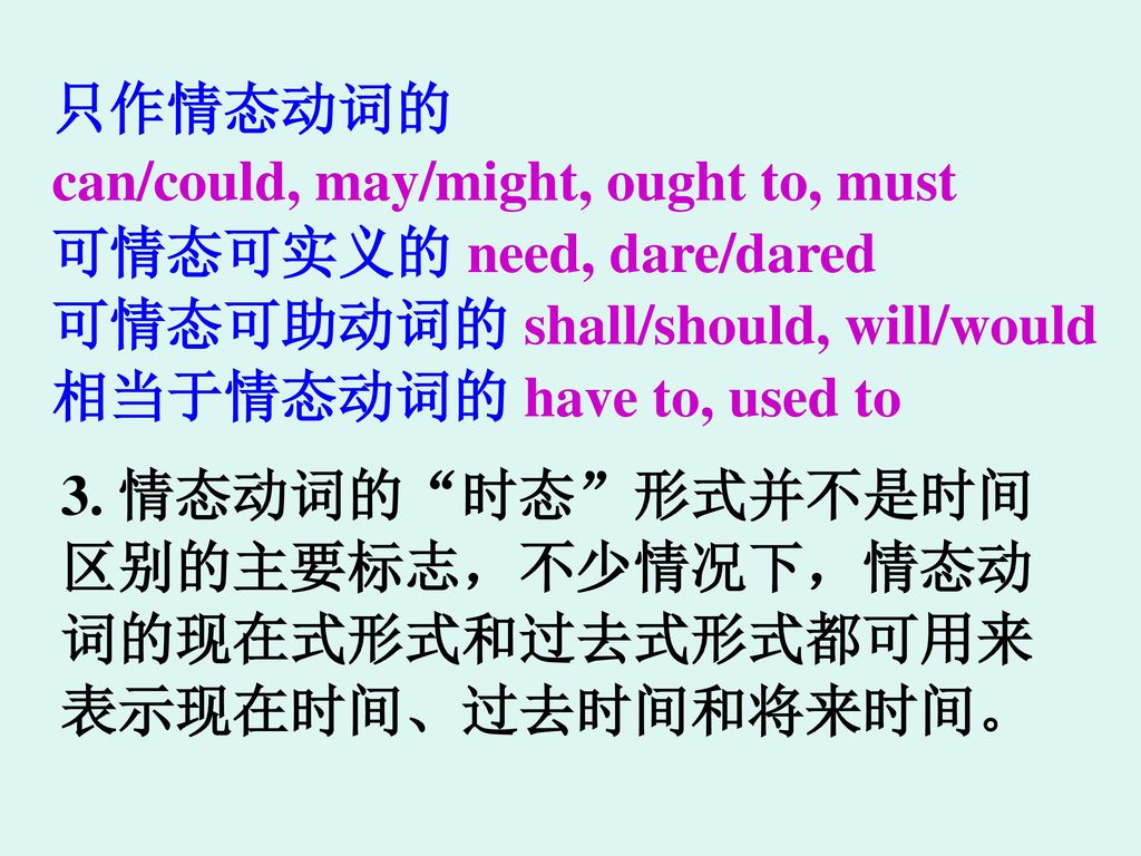 只作情态动词的 can/could, may/might, ought to, must. 可情态可实义的 need, dare/dared. 可情态可助动词的 shall/should, will/would.