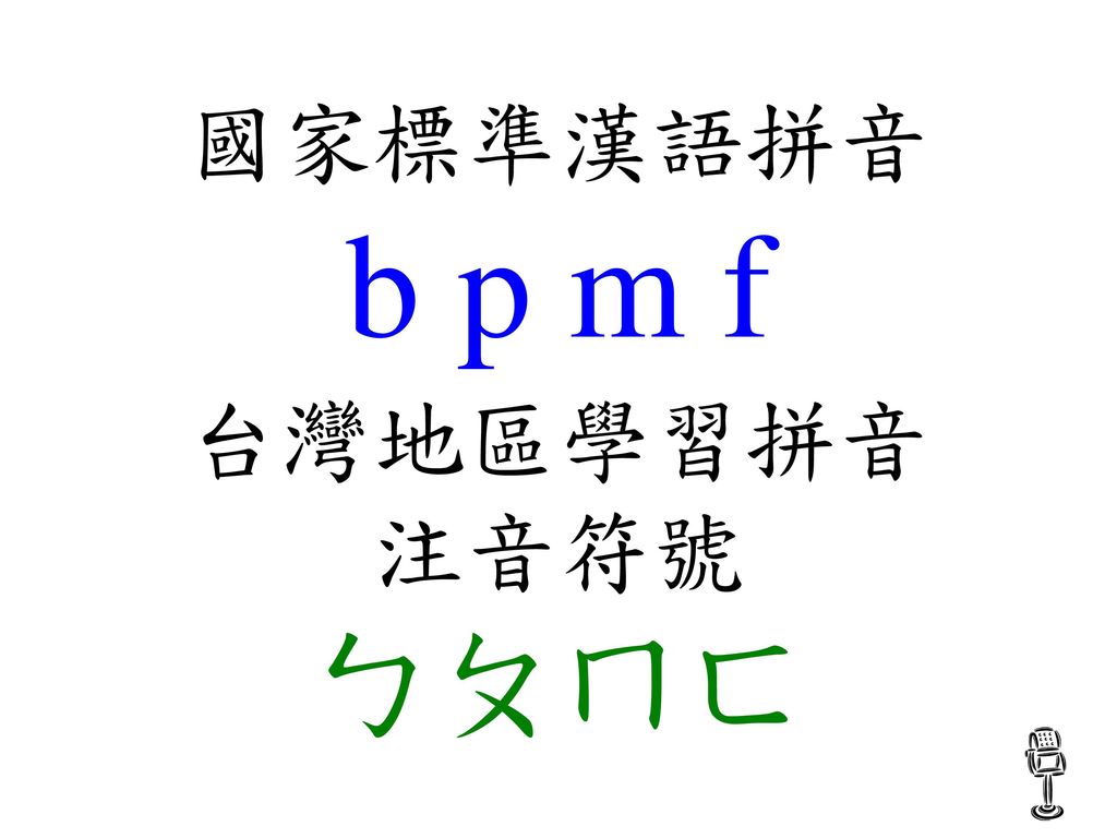 國家標準漢語拼音 b p m f 台灣地區學習拼音 注音符號 ㄅㄆㄇㄈ