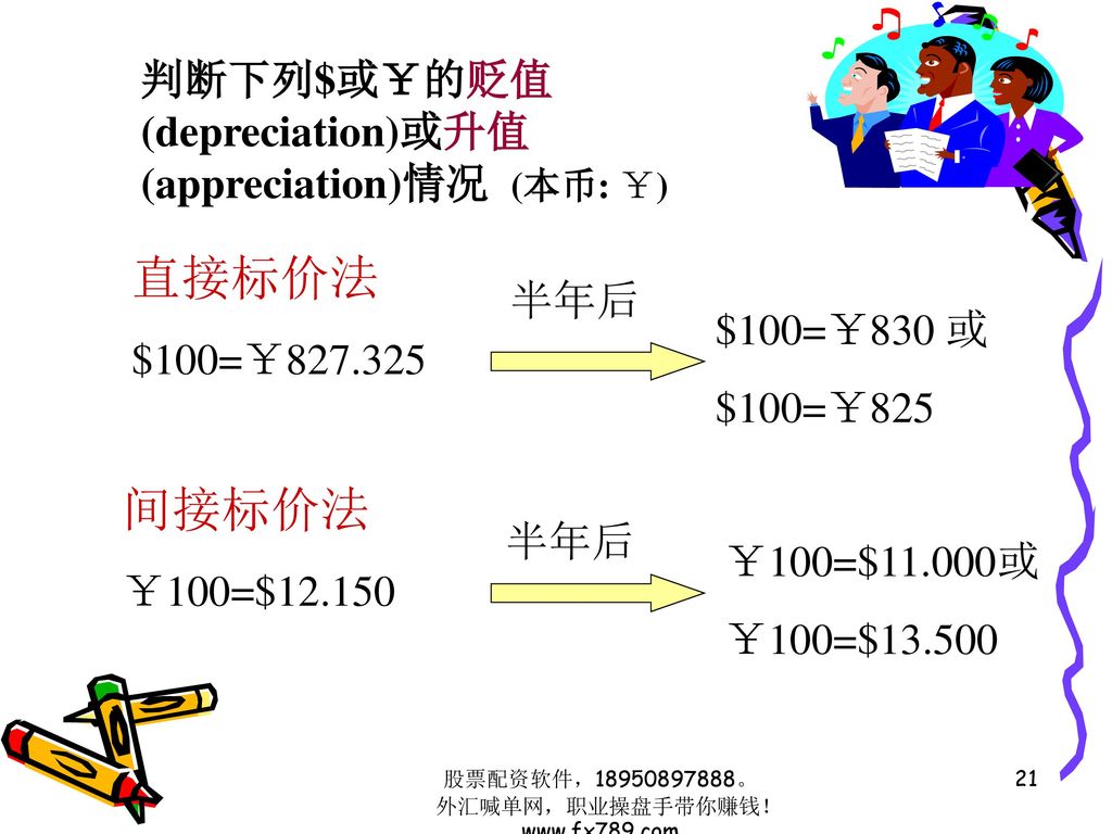 直接标价法 间接标价法 判断下列$或￥的贬值(depreciation)或升值(appreciation)情况 (本币: ￥) 半年后