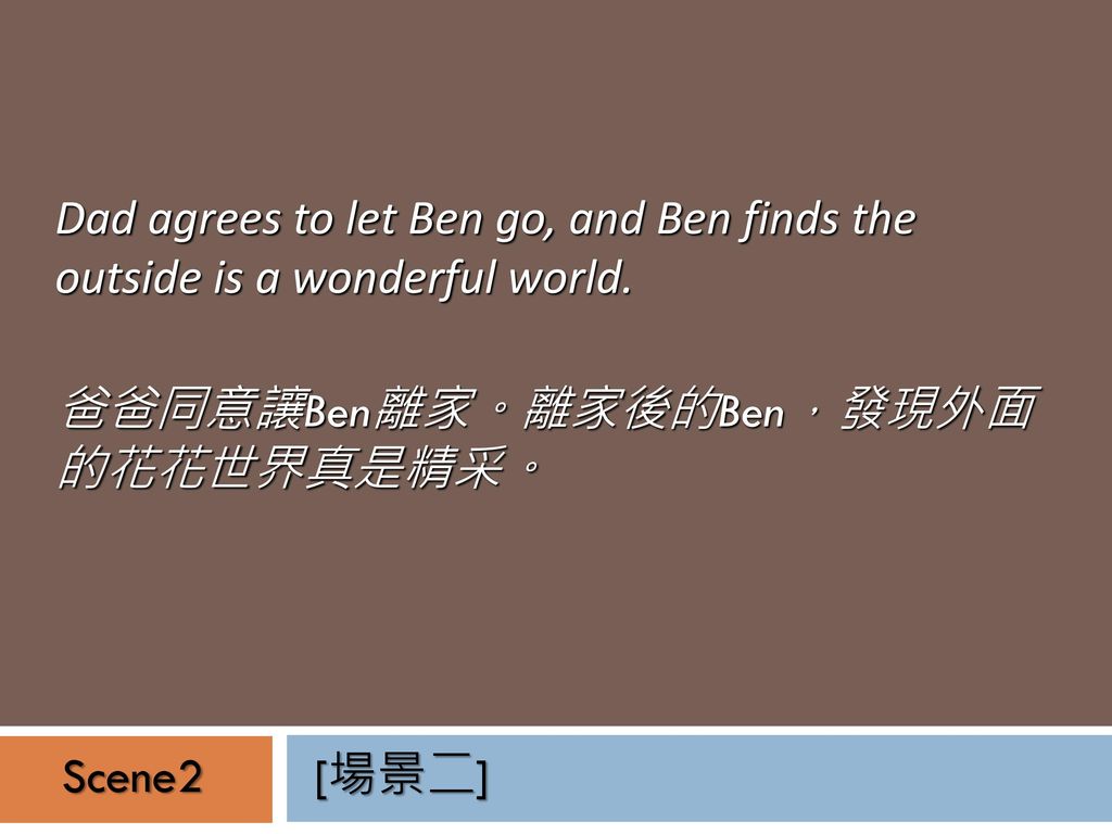 Dad agrees to let Ben go, and Ben finds the outside is a wonderful world.