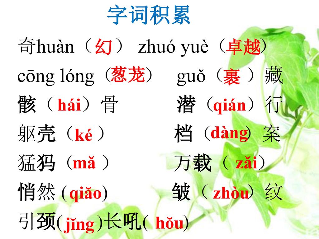 字词积累 奇huàn（ ） zhuó yuè（ ） cōng lóng（ ） guǒ（ ）藏 骸（ ）骨 潜（ ）行 躯壳（ ） 档（ ）案