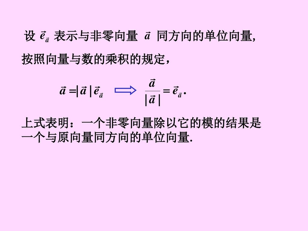 设 表示与非零向量 同方向的单位向量, 按照向量与数的乘积的规定， 上式表明：一个非零向量除以它的模的结果是一个与原向量同方向的单位向量.