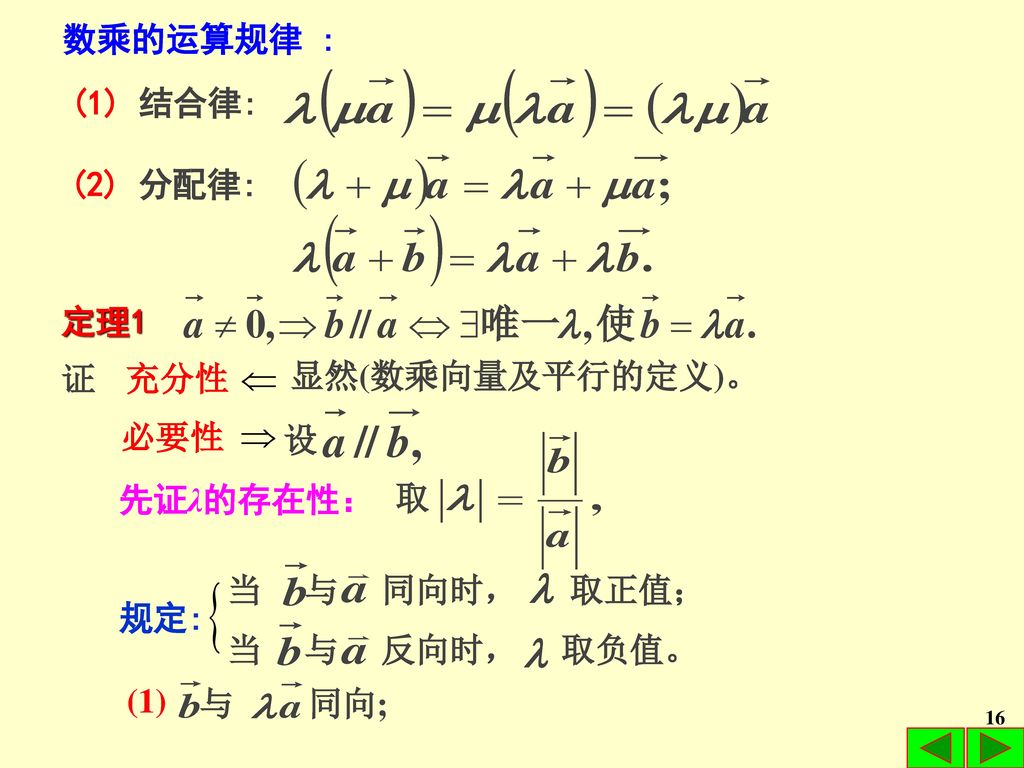 数乘的运算规律 : (1) 结合律: (2) 分配律: 定理1. 证. 充分性. 显然(数乘向量及平行的定义)。 设. 必要性. 取. 先证λ的存在性： 当 与 反向时， 取负值。