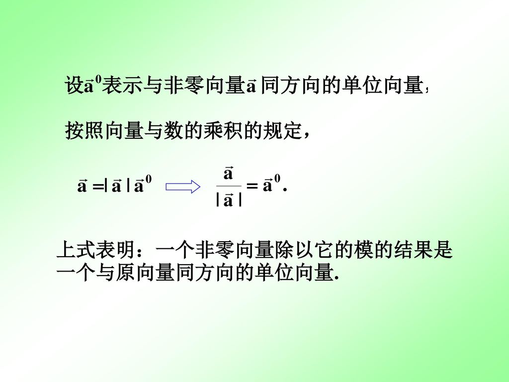 按照向量与数的乘积的规定， 上式表明：一个非零向量除以它的模的结果是一个与原向量同方向的单位向量.