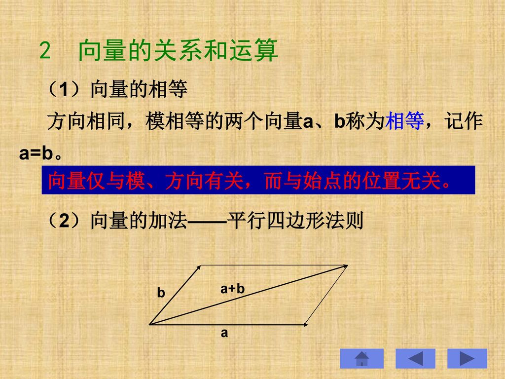 2 向量的关系和运算 （1）向量的相等 方向相同，模相等的两个向量a、b称为相等，记作 a=b。 向量仅与模、方向有关，而与始点的位置无关。