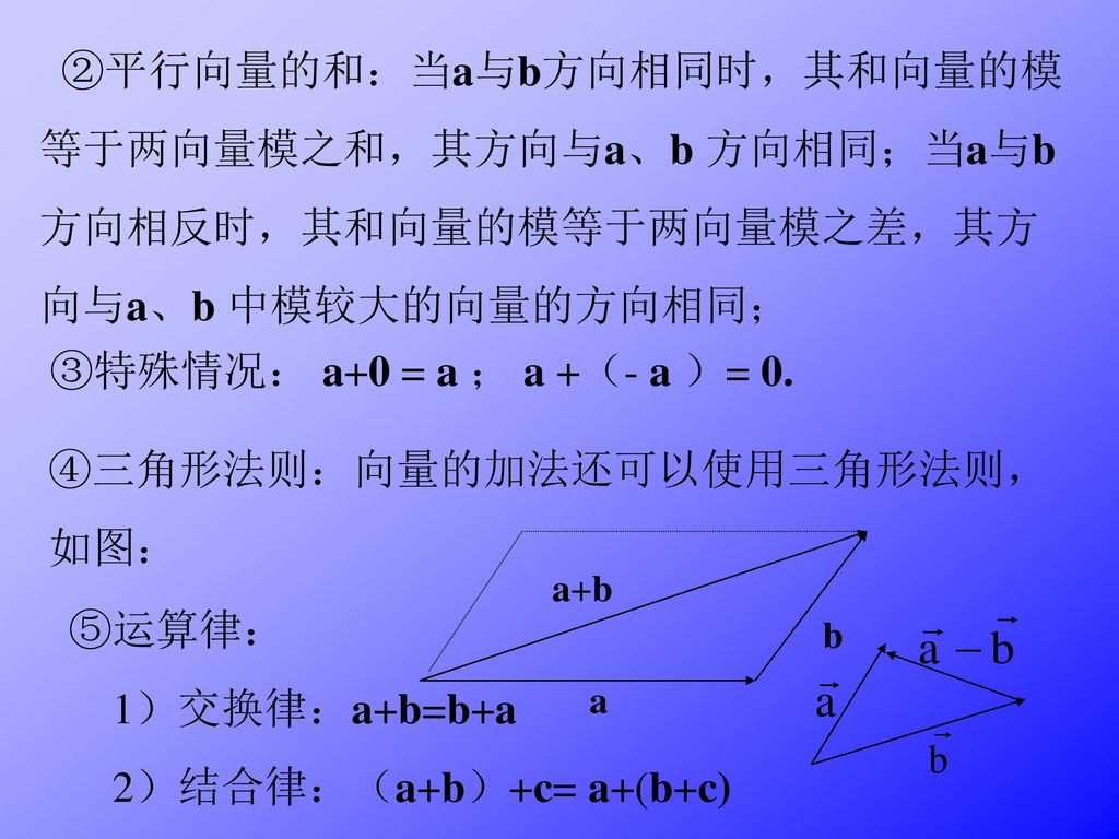 ②平行向量的和：当a与b方向相同时，其和向量的模 等于两向量模之和，其方向与a、b 方向相同；当a与b