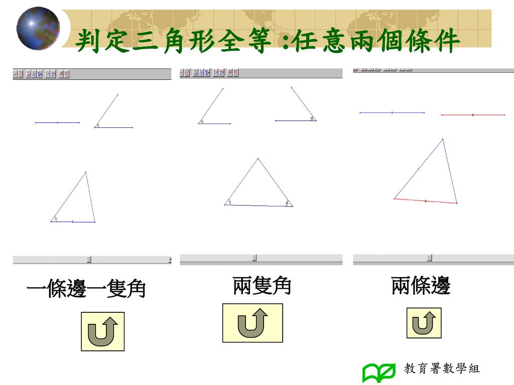 判定三角形全等 :任意兩個條件 一條邊一隻角 兩隻角 兩條邊