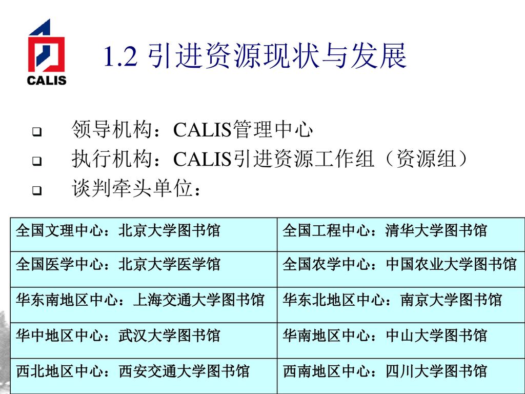 1.2 引进资源现状与发展 领导机构：CALIS管理中心 执行机构：CALIS引进资源工作组（资源组） 谈判牵头单位：