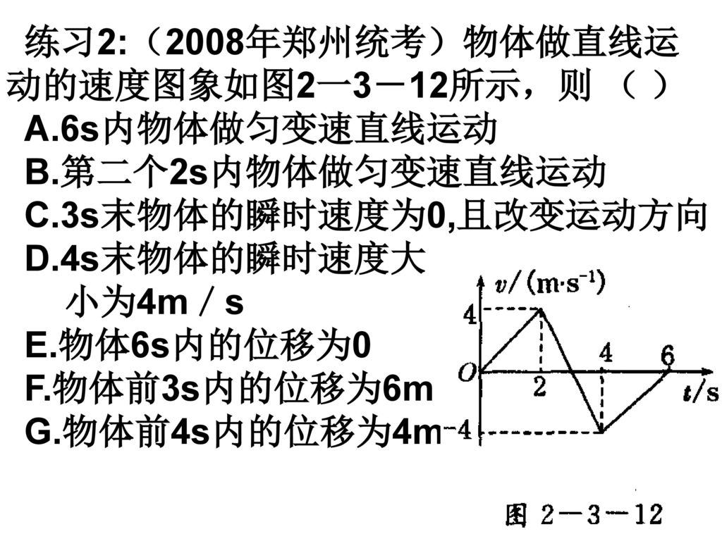 练习2:（2008年郑州统考）物体做直线运动的速度图象如图2一3－12所示，则 （ ）