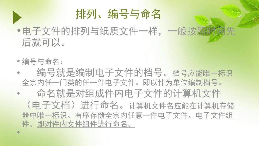 排列、编号与命名 电子文件的排列与纸质文件一样，一般按照时间先后就可以。 编号与命名：